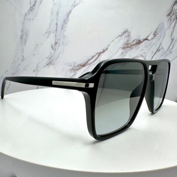 NEW PRADA Sunglasses Black Aviator Pilot 55-17mm Grey Lens Silver Logo - Picture 16 of 16